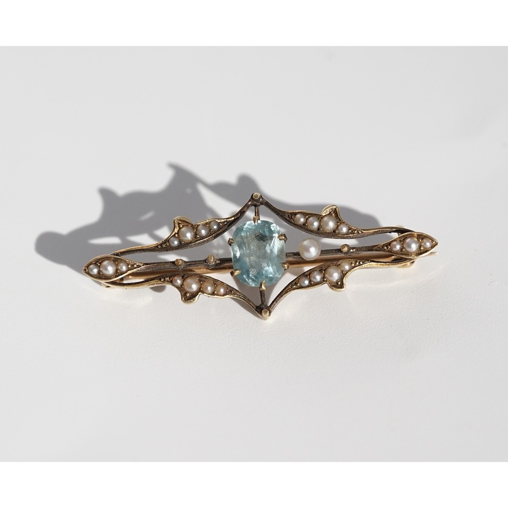 Antique Edwardian 14k Gold Aquamarine Seed Pearl Bar Brooch Art Nouveau c1905 - Picture 2 of 12